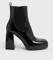 New Look Black Patent Square Toe Block Heel Chelsea Boots